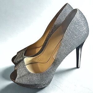 Jimmy Choo Glittering Peep Toe Silver Stilettos Women’s Size 9.5 Metallic Heels
